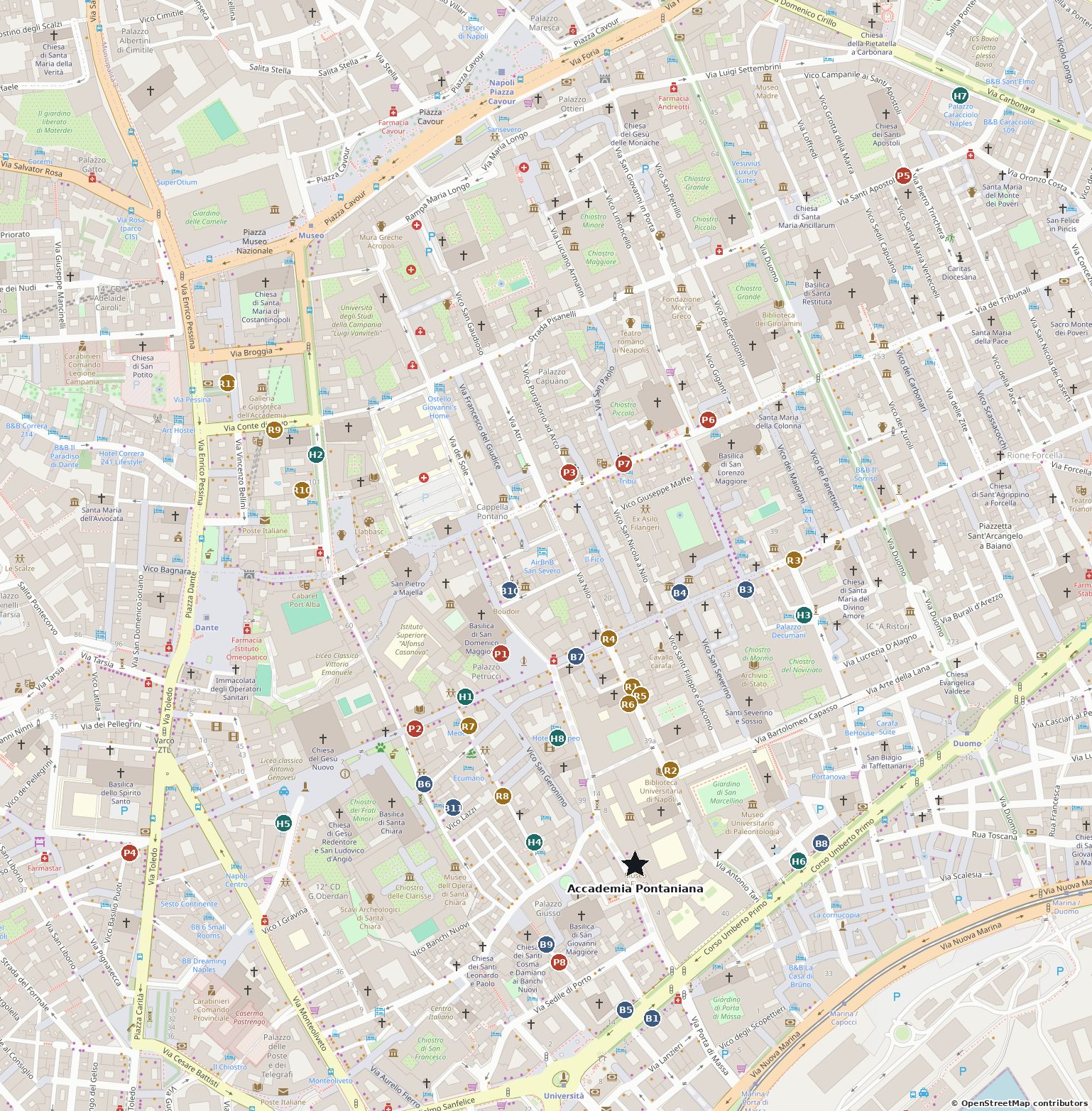 Map of the historic centre of Naples with the Accademia Pontaniana and the listed hotels, B&Bs, restaurants and pizzerias marked